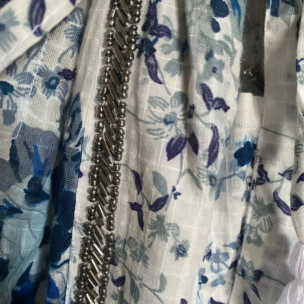 MIRA PIERINA FLORAL SILVER EMBROIDERY TASSEL TIE SHORT BOHO BEACH DRESS SIZE M